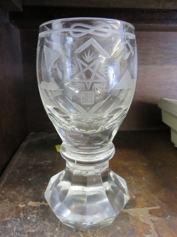 MASONIC GOBLET, a heavy base cut glass goblet decorated with Masonic ...