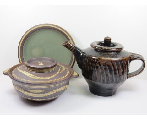 A LEACH-STYLE STUDIO POTTERY TEA POT, together with Crowan pottery lidded bowl and stand