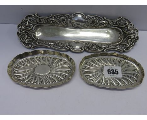 SILVER PEN DISH, HM silver ornate embossed and pierced border pen tray and a pair of Victorian HM silver crinoline edge pin d