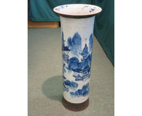 ORIENTAL CERAMICS, a Chinese crackle glaze cylindrical stick stand, decorated with mountain village, (base damaged) 24.5" hei