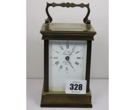 CARRIAGE CLOCK, brass cased bevel glass carriage clock with key, signed "L'Epee Fondee", 5" height