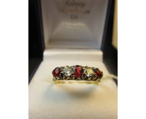 RUBY & DIAMOND 5 STONE RING, 18ct yellow gold ring set 3 rubies and 2 diamonds ring size O/P