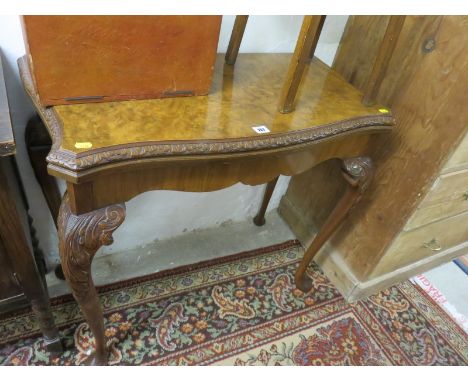 FIGURED WALNUT SERPENTINE CARD TABLE, reproduction burr walnut card table with carved cabriole legs, 32" width