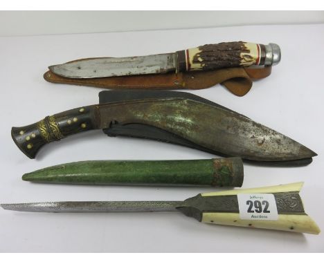 WEAPONS, an Eastern bone handled dagger with engraved blade; also Japanese antler handled hunting knife stamped "Schur" and m