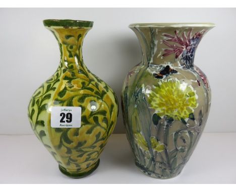 ART POTTERY, 2 slip glazed floral and foliate decorated 8" vases 