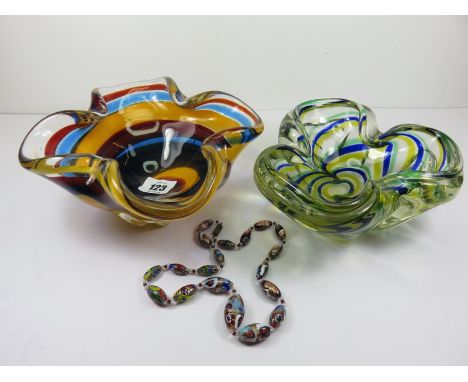 ART GLASS, 2 Murano-style art glass bowls and Murano bead necklace