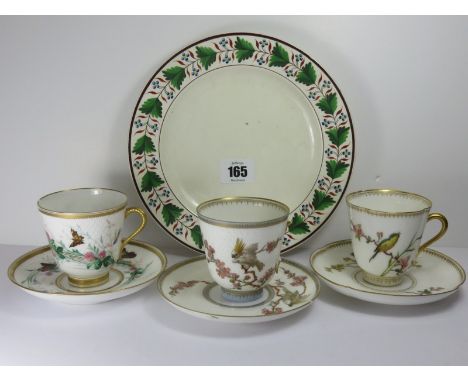 PARISIAN PORCELAIN, 3 bird decorated cabinet cups and saucers (1 a/f) and Spode cream ware, leaf bordered tea plate