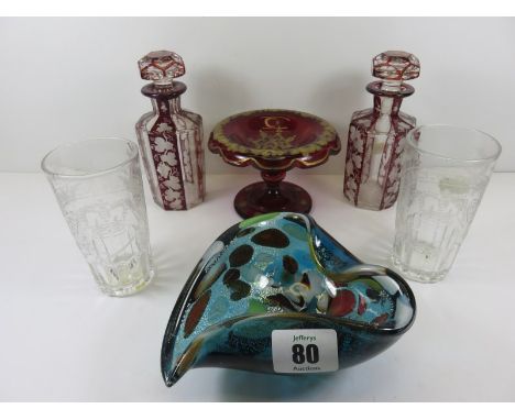 BOHEMIAN GLASS WARE, pair of vine etched octagonal perfume bottles also pair of 1897 Jubilee etched tumblers, Murano ashtray 