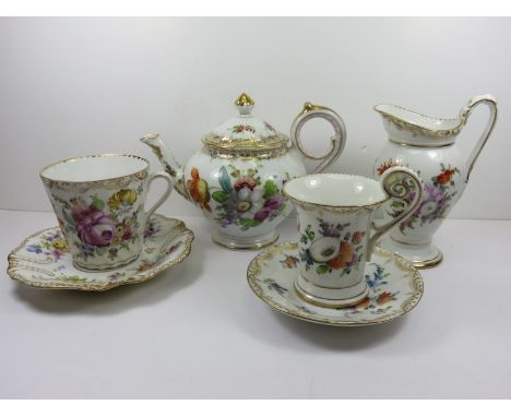 DRESDEN TEAWARE, spiral fluted floral painted small teapot with similar cream jug, 5 coffee cups and saucers, teacup and simi