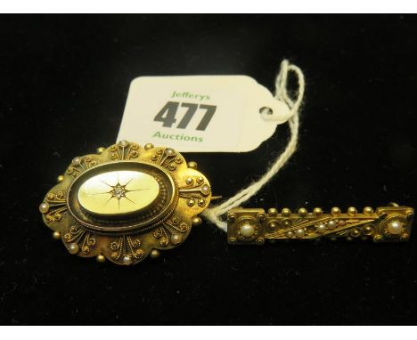ANTIQUE BROOCHES, antique gold and pearl set bar brooch, also a Victorian oval brooch with portrait locket to rear