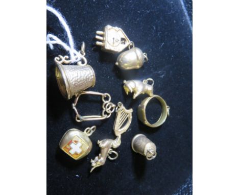 GOLD CHARMS, 8 assorted gold charms & mounts including dogs, harp, acorn etc. 24 grams overall