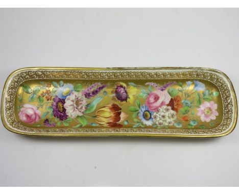 REGENCY PORCELAIN, a gilded and finely floral enamelled rectangular pen tray, 9" length