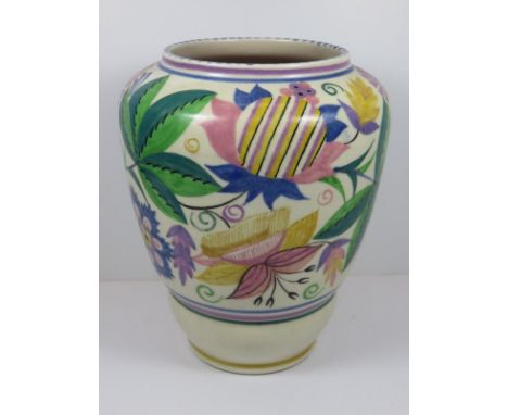 POOLE, a tapering inverted baluster 7" vase decorated with stylized floral and foliate panel, shape No. 852 signed MA