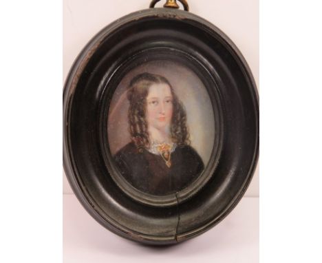 MINIATURE PORTRAIT, oval painted portrait, "Young Lady with white lace collar"