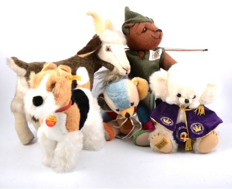 Collection of plush teddy bears and animals, examples by Merrythought, Steiff, Harris Tweed and others.