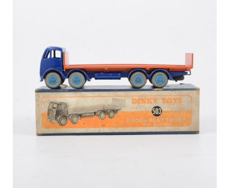 Dinky Toys; 503 Foden flat bed truck, orange bed, blue body and light blur hubs, in original box. 