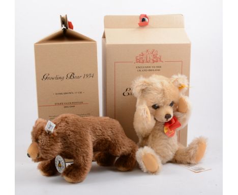 Steiff replica Brummbar 1934 bear, Dunkelbrauyn 17cm, from the Steiff Club edition 2001/2003, boxed, along with a modern exhi