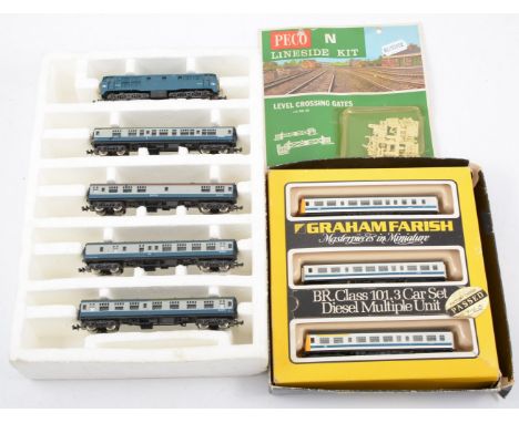 Graham Farish N Gauge railways; BR Class 101 3 car wt diesel multiple unit, along with a Lima diesel D5518 set, Peco N gauge 
