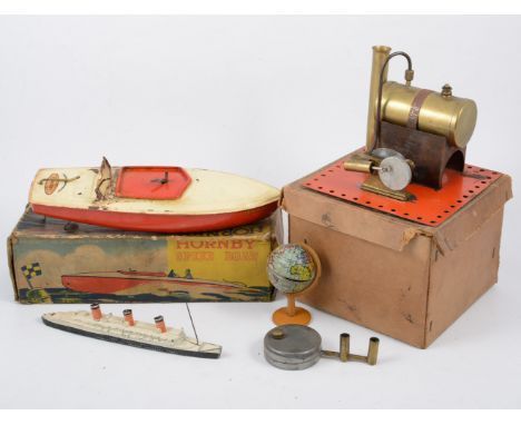 Hornby speed boat, diecast boat model, Mamod stationary engine with box