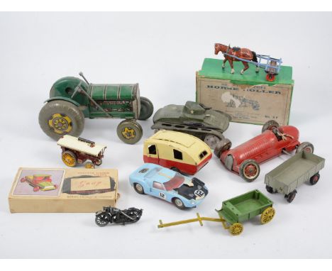 Models and toys; including Britains 9F horse drawn roller boxed, Mettoy F1 car, tin-plate tractor, Scalextric model, etc. 