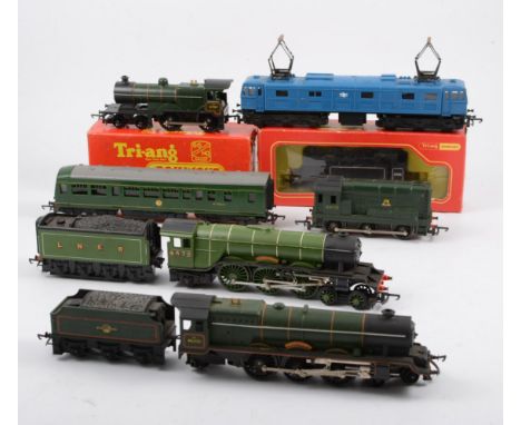 Tri-ang Hornby 00 gauge locomotives; R351 co-co electric 27000 blue engine, R350 4-4-0 class LI green livery boxed, R52s 0-6-