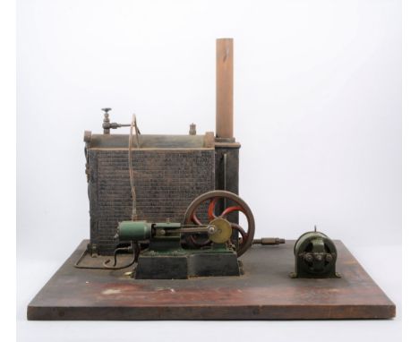 Bassett-Lowke live steam stationary engine, with horizontal boiler, mounted motor mounted on a wooden board, 50.5cm by 49cm b
