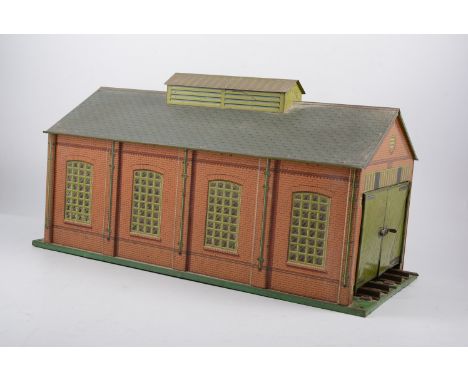 Hornby 0 gauge large engine shed,  No 1 lumber wagon, boxed, No 2a buffer stops, boxed, level crossing, barrel wagon, track e