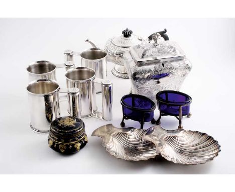 A MIXED LOT OF PLATED WARE: An Old Sheffield plated tea caddy, four mugs made from brass shell/ cartridge cases, a pair of Ol