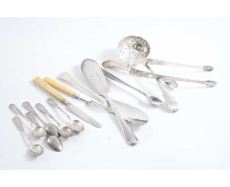 A MIXED LOT: Six coffee spoons, two pairs of sugar tongs, a small ladle, a butter knife, a child's knife & fork with ivory ha