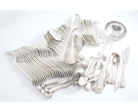 A GEORGE IV - VICTORIAN MATCHED CANTEEN OF KING'S HUSK PATTERN FLATWARE INCLUDING: Eleven table spoons, twenty four table for