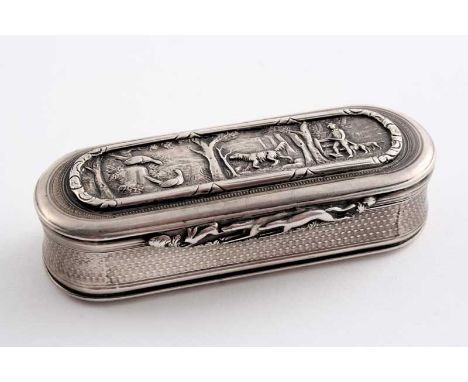 A GEORGE IV SNUFF BOX of rounded oblong form with engine-turned base & sides, the cover set with a relief plaque depicting a 