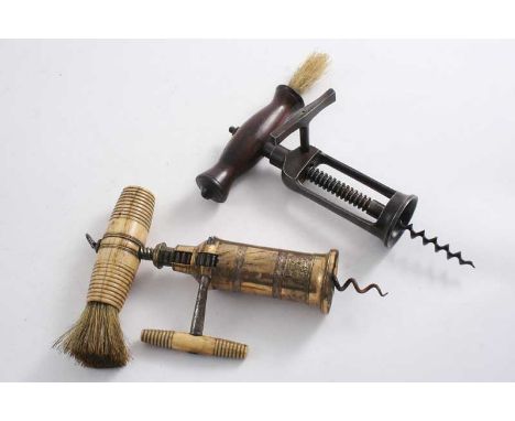 A GILT BRASS & STEEL PATENT CORKSCREW with rack & turnkey & two bone handles together with a wooden handled steel corkscrew w