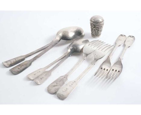 YORK-MADE FIDDLE FLATWARE INCLUDING: One table fork, two table spoons & two dessert spoons, crested by James Barber 1849, tog