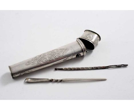AN 18TH CENTURY GERMAN BODKIN CASE of tapering form with engraved reserves & a sprung, button operated cover, maker's mark "W