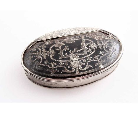 A GEORGE I OVAL SNUFF BOX with a "stand-away" hinge, the mounted tortoiseshell cover inlaid with formal scrollwork & shells c