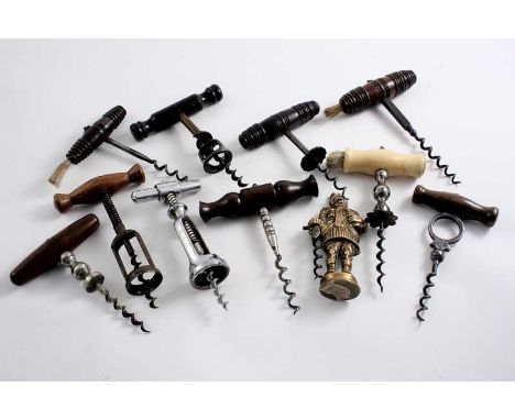 EIGHT VARIOUS STEEL CORKSCREWS with wooden handles, a chrome plated screw-type corkscrew, an ivory handled steel example and 