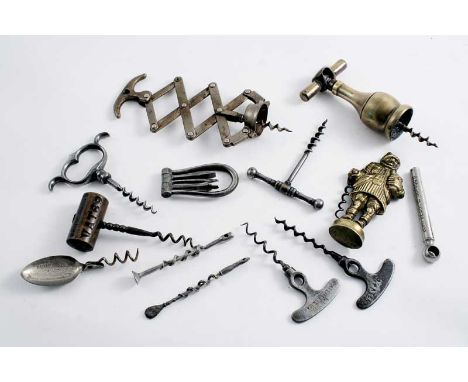 SIX VARIOUS ALL STEEL CORKSCREWS a steel bow multitool, two brass corkscrews, an advertising plated "spoon" corkscrew & three