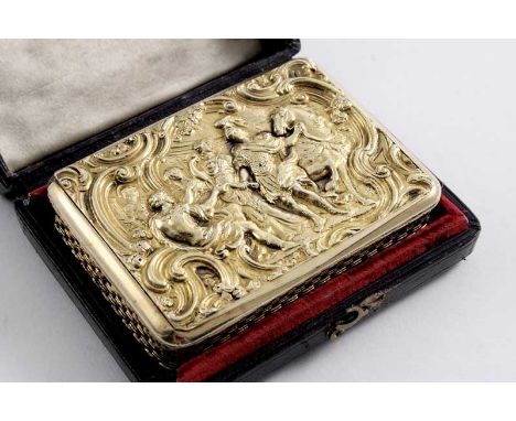 REGIMENTAL INTEREST: A George III silvergilt snuff box of rounded oblong form with a classical figural scene & in relief on t