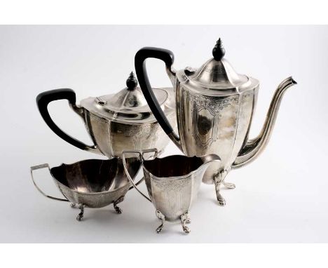 EN-SUITE: A modern four piece tea & coffee service with engraving, monogrammed, by Barker Brothers Silver Ltd., Birmingham 19