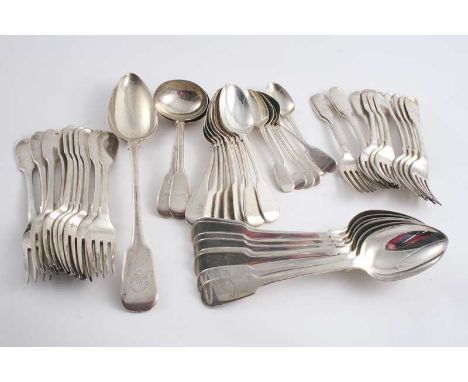 A COLLECTED OR HARLEQUIN PART SERVICE OF FIDDLE PATTERN FLATWARE: Eight table spoons, ten table spoons, eight dessert spoons,