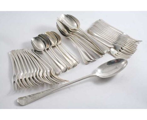 A MODERN PART CANTEEN OF HANOVERIAN PATTERN FLATWARE INCLUDING: Eleven table forks (three prong), ten dessert spoons, twelve 