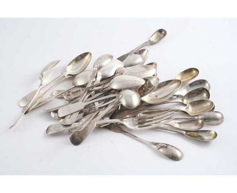 TWELVE VARIOUS CONDIMENT / EGG SPOONS (some Irish), an Exeter cream ladle, a sugar spoon, a caddy spoon, a child's engraved s