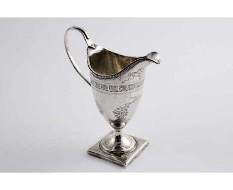 A GEORGE III HELMET-SHAPED CREAM JUG with bright-cut decoration, a beaded rim & a square pedestal foot, maker's mark of Georg