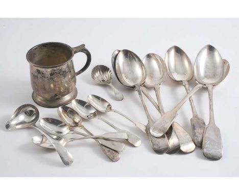 SIX VARIOUS FIDDLE PATTERN TABLE SPOONS & five tea spoons, initialled, a George III caddy spoon & a modern cream ladle, toget