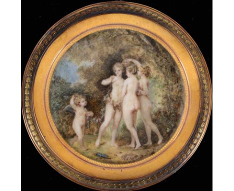 NICOLAS LAVREINCE (OR LANFRANSEN) Miniature portrait "The Three Graces", on ivory, signed;  2.5/8"  (6.5 cms) diameter *From 