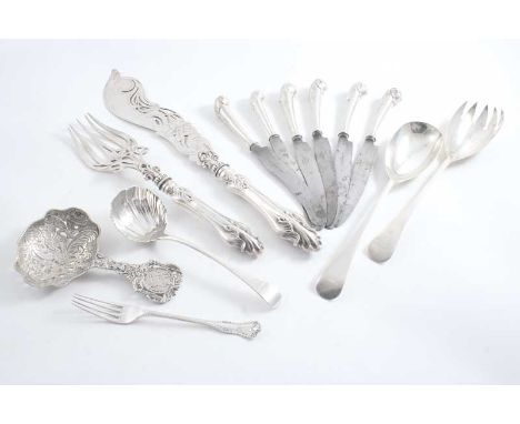 A MIXED LOT: A pair of Victorian fish servers (loaded), a set of six antique side knives, crested, steel blades, a pair of sa
