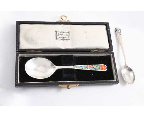 BY BERNARD INSTONE: A small handmade spoon with a coloured enamel stem, Birmingham 1935 with facsimile signature on the back 
