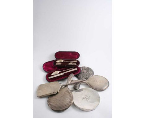 A MIXED LOT: Five various hand mirrors, a cased spoon & fork and a case containing a knife & a spoon (lacking a fork)  (7)