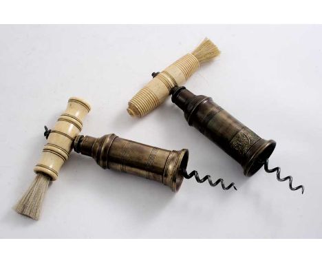 A BRASS & STEEL PATENT CORKSCREW with a turned bone handle & brush, and another similar example;  each approx. 7.25"  (18.5 c