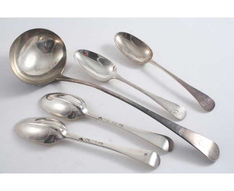 A GEORGE III OLD ENGLISH PATTERN SOUP LADLE initialled "C", by Thomas Wallis, London 1809, a pair of George I Hanoverian patt
